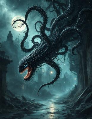The primary subject of the image is a large, dark, and scary-looking monster with long tentacles. The monster is positioned in a dark, foggy environment, which adds to the eerie atmosphere. The visual style of the image is a digital art or illustration, with the monster being the main focus of the scene. The colors and mood of the image are predominantly dark and mysterious, with the monster's tentacles and the surrounding fog creating a sense of unease and danger.